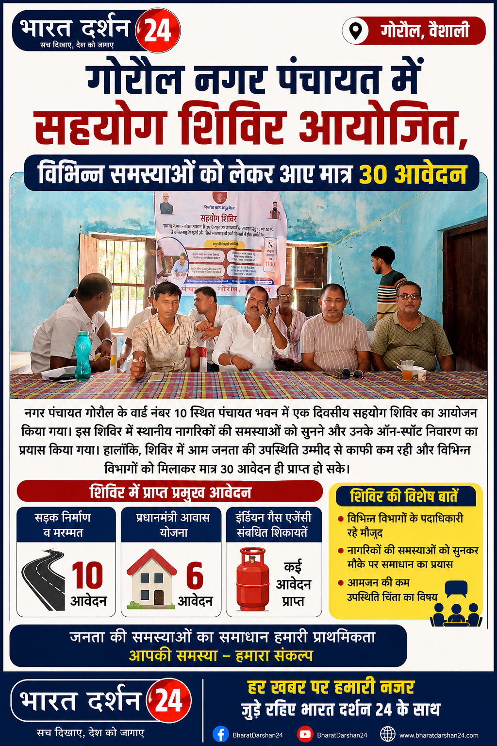 गोरौल नगर पंचायत में सहयोग शिविर आयोजित, विभिन्न समस्याओं को लेकर आए मात्र 30 आवेदन ।