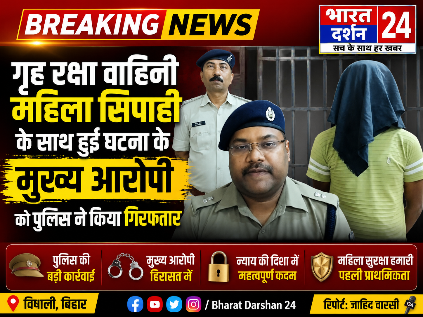 गृह रक्षा वाहिनी महिला सिपाही के साथ हुई&nbsp; घटना के मुख्य आरोपी को पुलिस ने किया गिरफतार ।