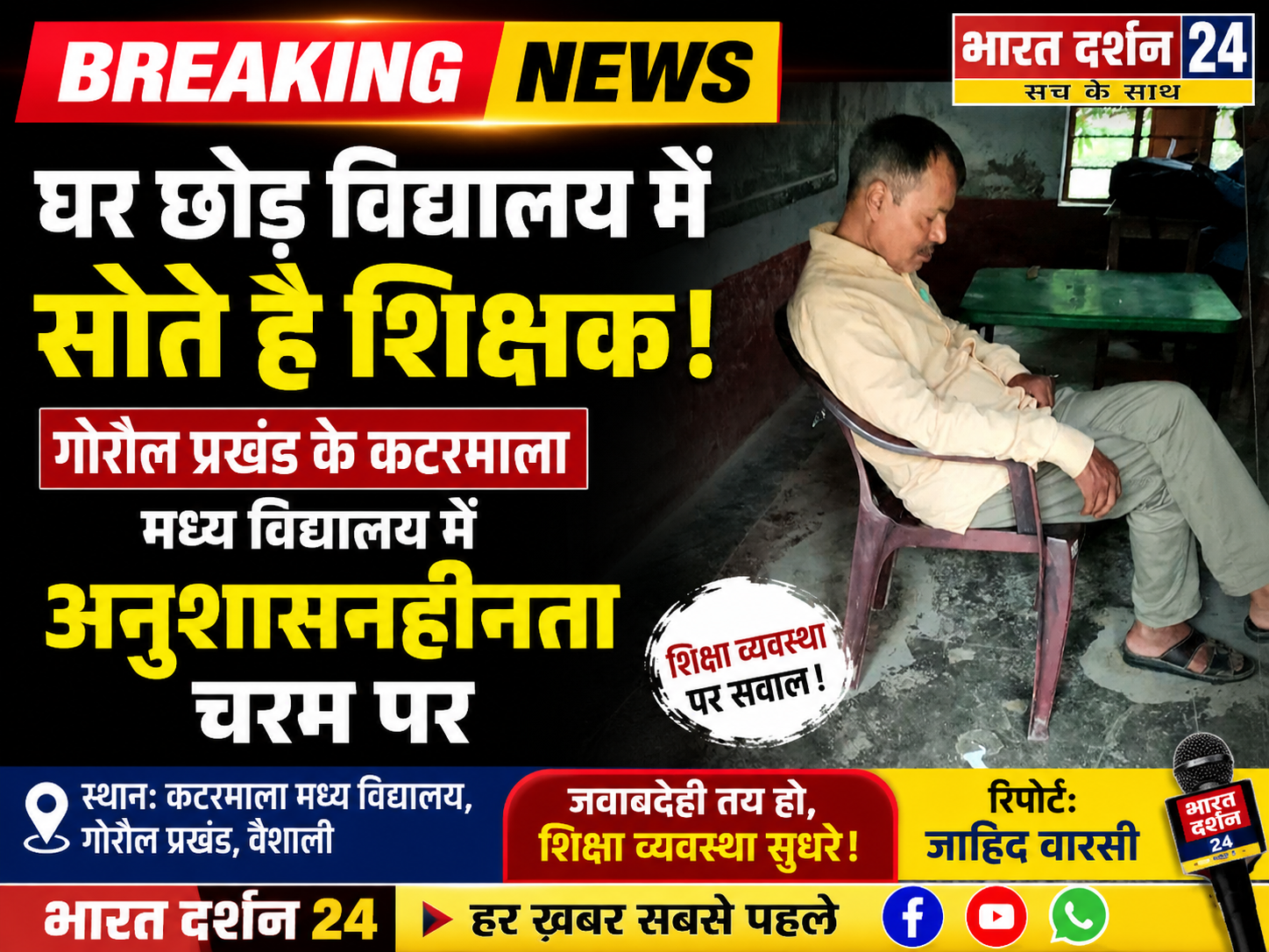 घर छोड़ विद्यालय की कुर्सी पर सोते हैं शिक्षक, खर्राटे मारते आलोक रंजन की तस्वीर वायरल।