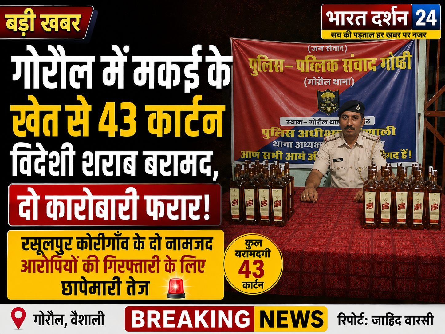 गोरौल में मकई के खेत से 43 कार्टन विदेशी शराब बरामद, दो कारोबारी फरार।