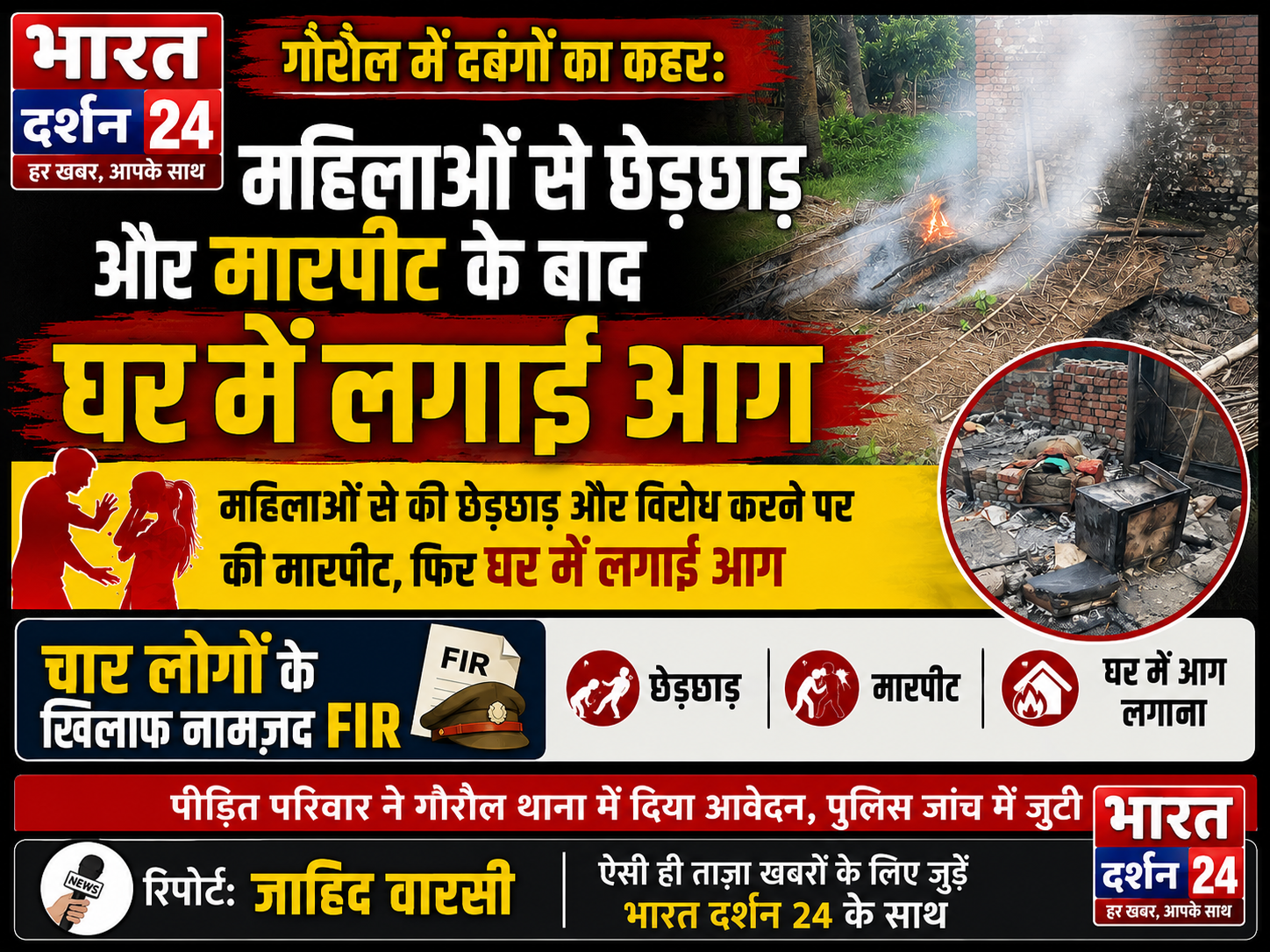 महिलाओं से छेड़छाड़ और मारपीट के बाद घर में लगाई आग, चार नामजद।