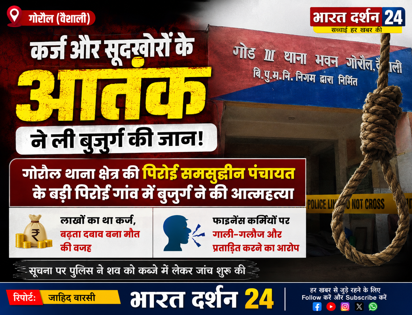 कर्ज और सूदखोरों के आतंक से तंग आकर बुजुर्ग ने दी जान, झाड़ी से मिला शव।